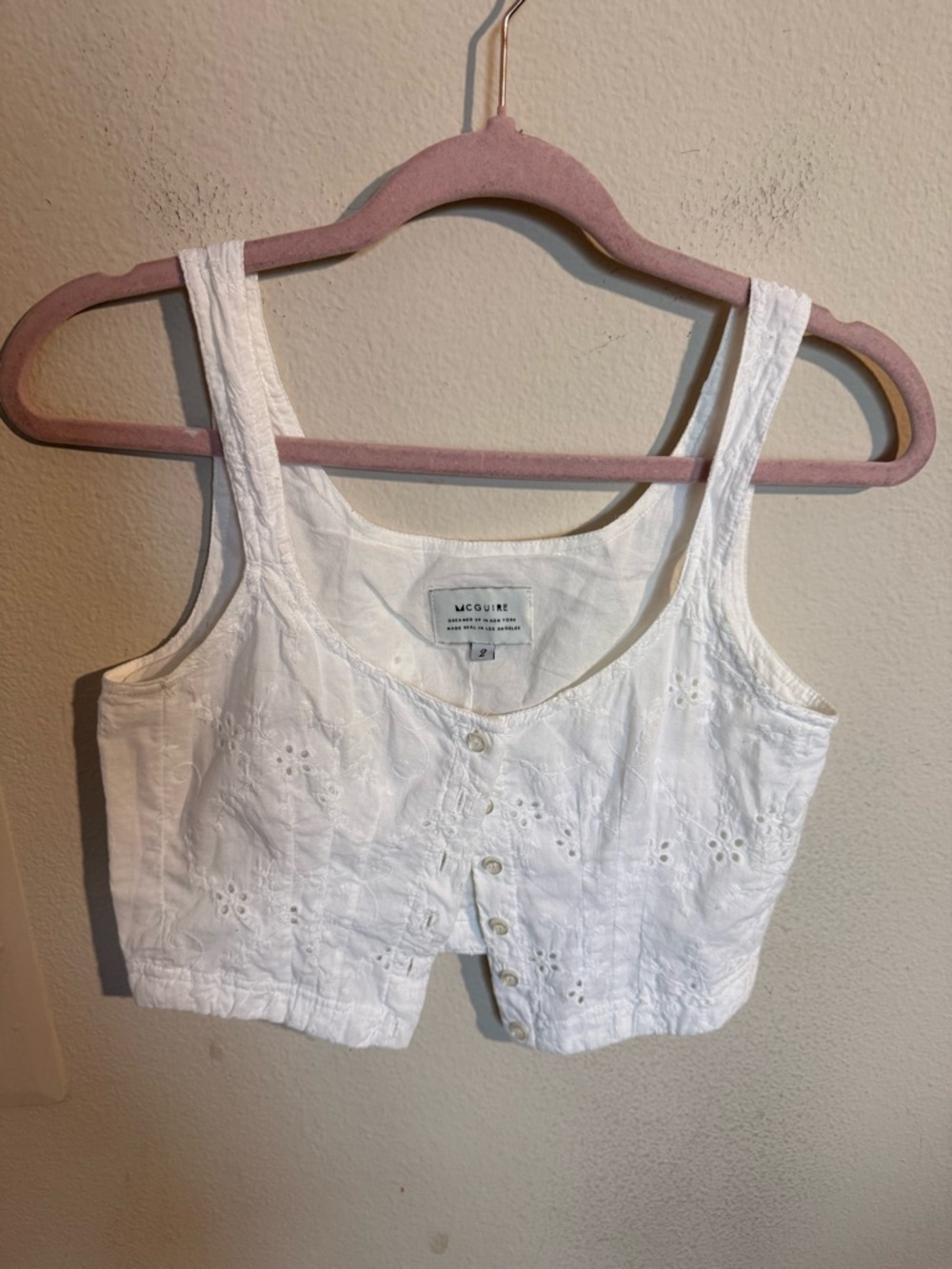 McGuire White Eyelet Embroidered Button Front Crop Tank Top Size 2 - Picture 3 of 7